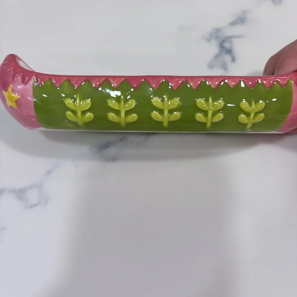 Ceramic Canoe Trinket Dish‎ Pink Green Floral Star Hand Painted Jewelry Tray